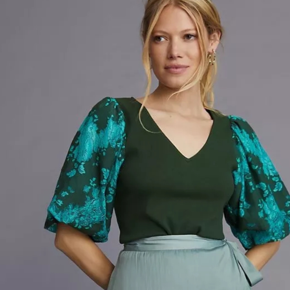 Anthropologie Green Floral Puff / Balloon Sleeve Top